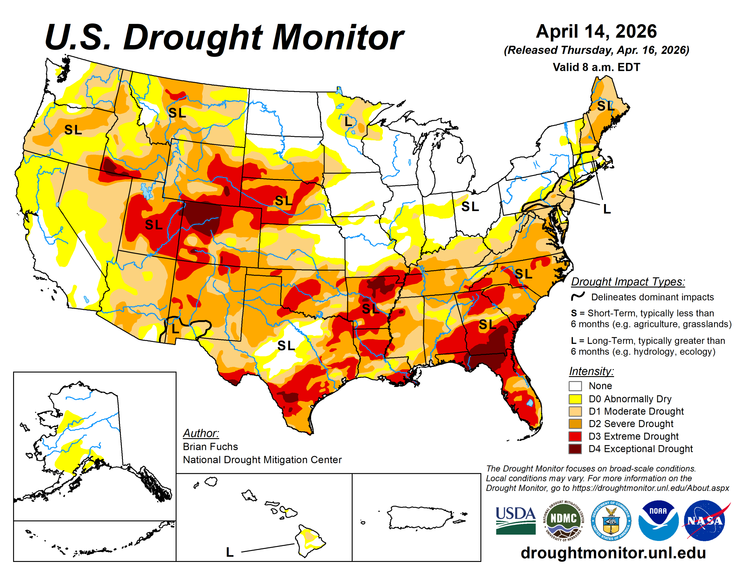 The U.S. Drought Monitor is jointly produced by the National Drought Mitigation Center at the University of Nebraska-Lincoln, the U.S. Department of Agriculture and the National Oceanic Atmospheric Administration. (Map courtesy of NDMC.)