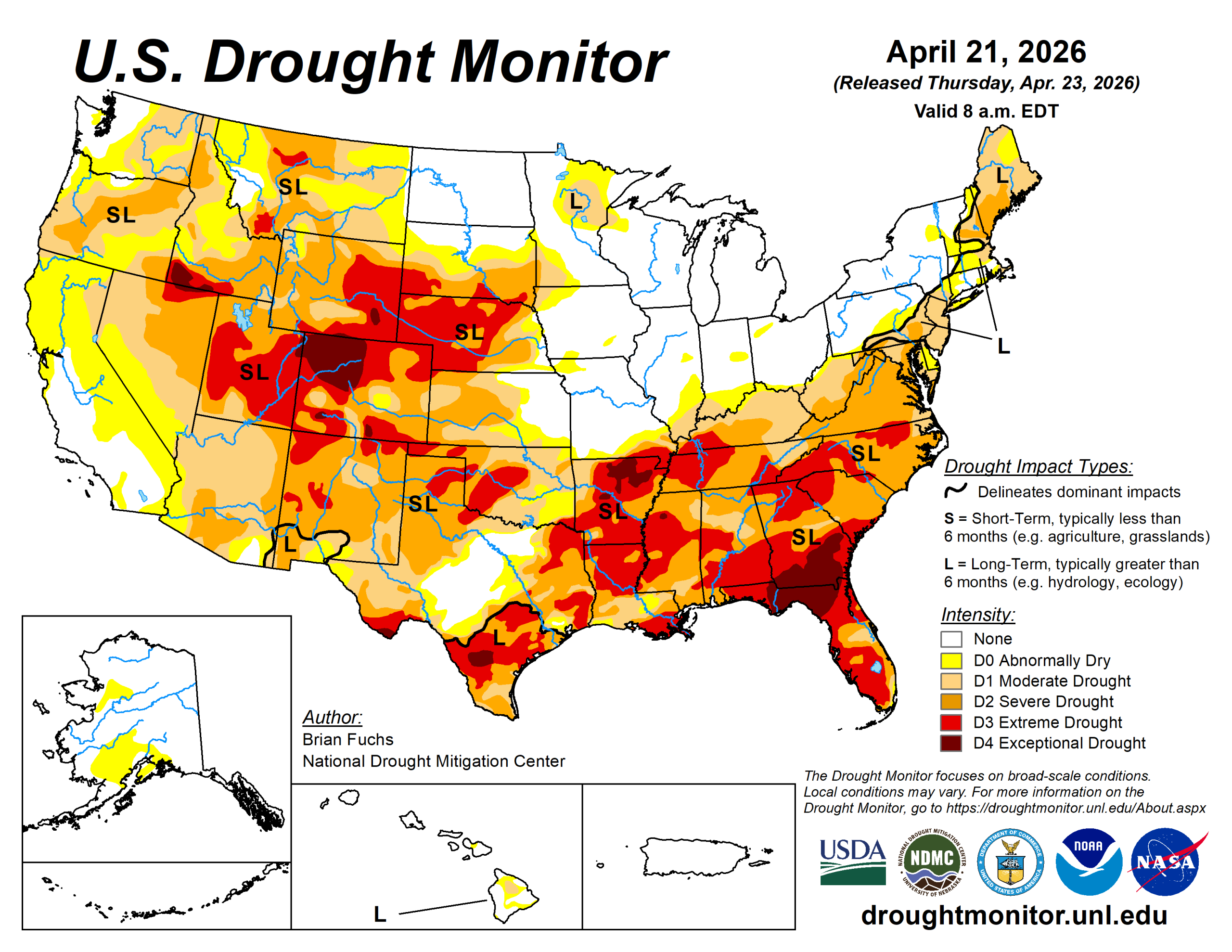 The U.S. Drought Monitor is jointly produced by the National Drought Mitigation Center at the University of Nebraska-Lincoln, the U.S. Department of Agriculture and the National Oceanic Atmospheric Administration. (Map courtesy of NDMC.)