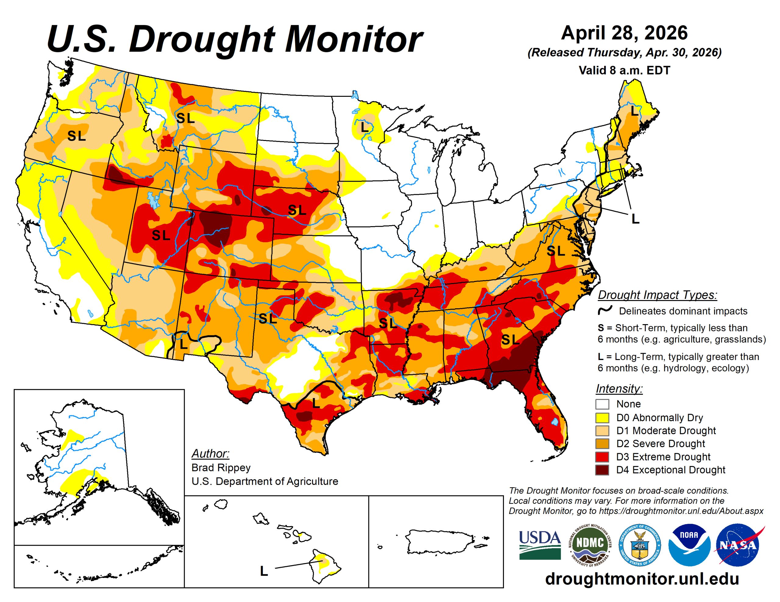 The U.S. Drought Monitor is jointly produced by the National Drought Mitigation Center at the University of Nebraska-Lincoln, the U.S. Department of Agriculture and the National Oceanic Atmospheric Administration. (Map courtesy of NDMC.)