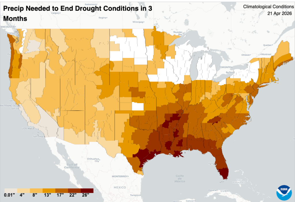 Map showing the amount of rain needed to end drought. (Map courtesy National Centers for Environmental Information).