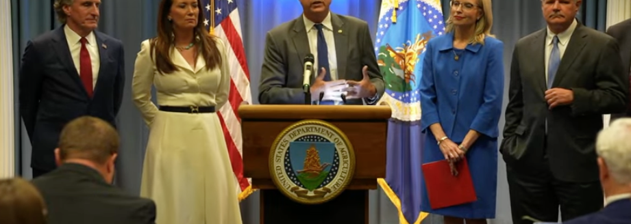 Sen. Roger Marshall speaks about legislation to lower fertilizer costs and among the listeners was Secretary of Agriculture Brooke Rollins. (Courtesy photo.)