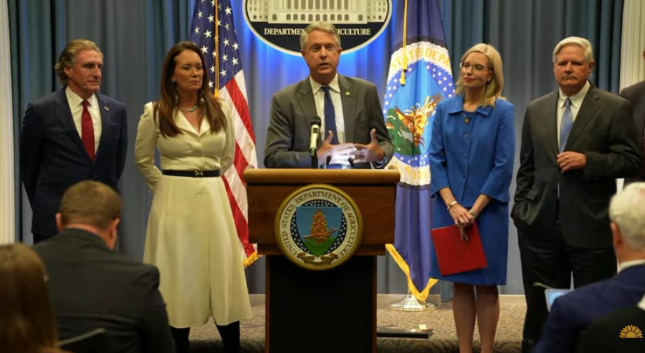 Sen. Roger Marshall speaks about legislation to lower fertilizer costs and among the listeners was Secretary of Agriculture Brooke Rollins. (Courtesy photo.)