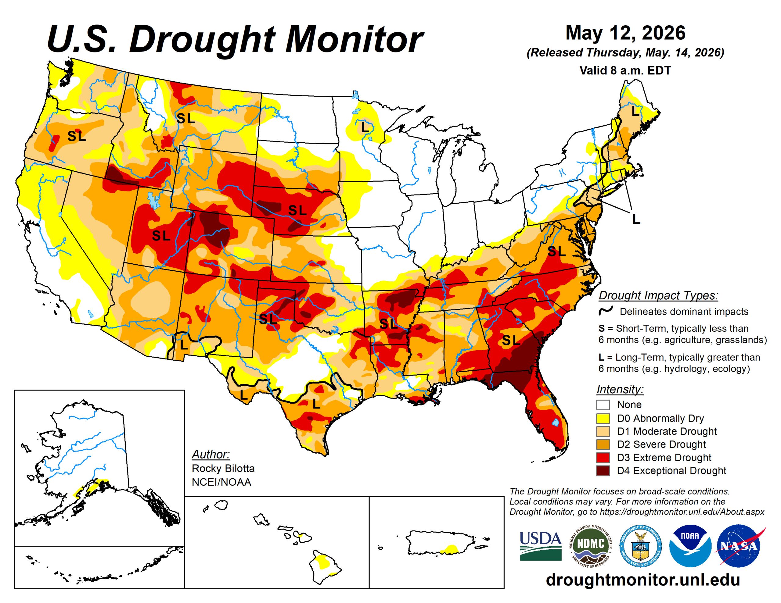 The U.S. Drought Monitor is jointly produced by the National Drought Mitigation Center at the University of Nebraska-Lincoln, the U.S. Department of Agriculture and the National Oceanic Atmospheric Administration. (Map courtesy of NDMC.)