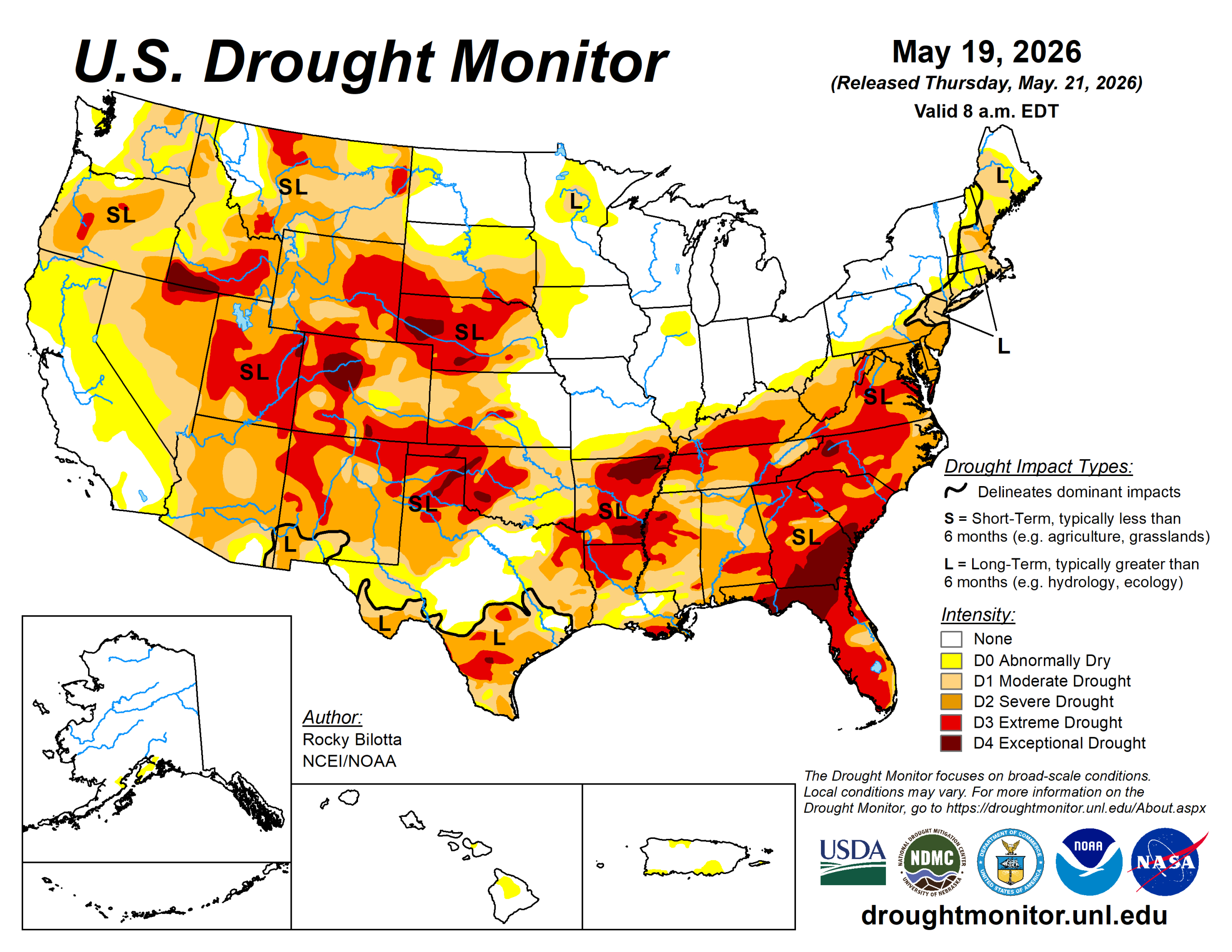 The U.S. Drought Monitor is jointly produced by the National Drought Mitigation Center at the University of Nebraska-Lincoln, the U.S. Department of Agriculture and the National Oceanic Atmospheric Administration. (Map courtesy of NDMC.)