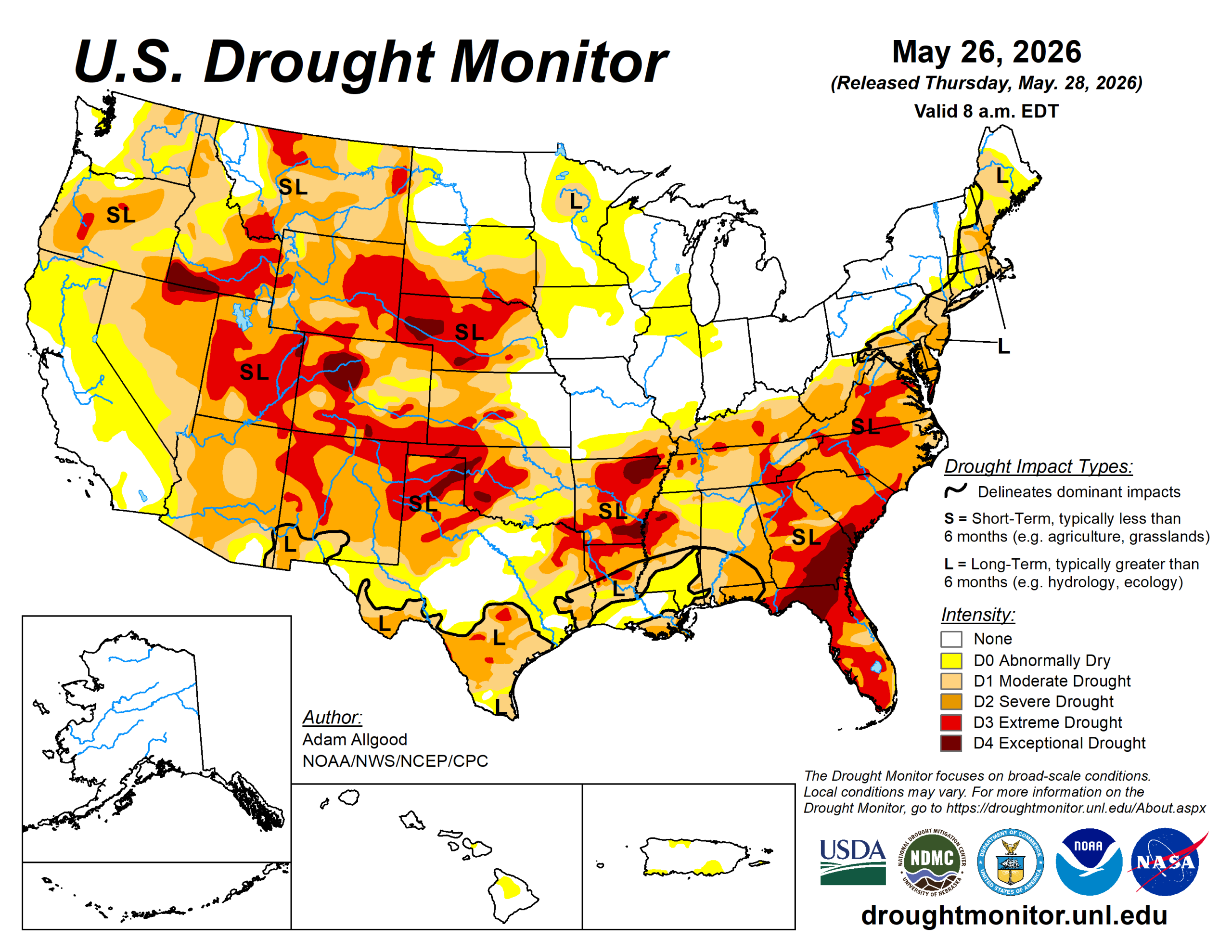 The U.S. Drought Monitor is jointly produced by the National Drought Mitigation Center at the University of Nebraska-Lincoln, the U.S. Department of Agriculture and the National Oceanic Atmospheric Administration. (Map courtesy of NDMC.)