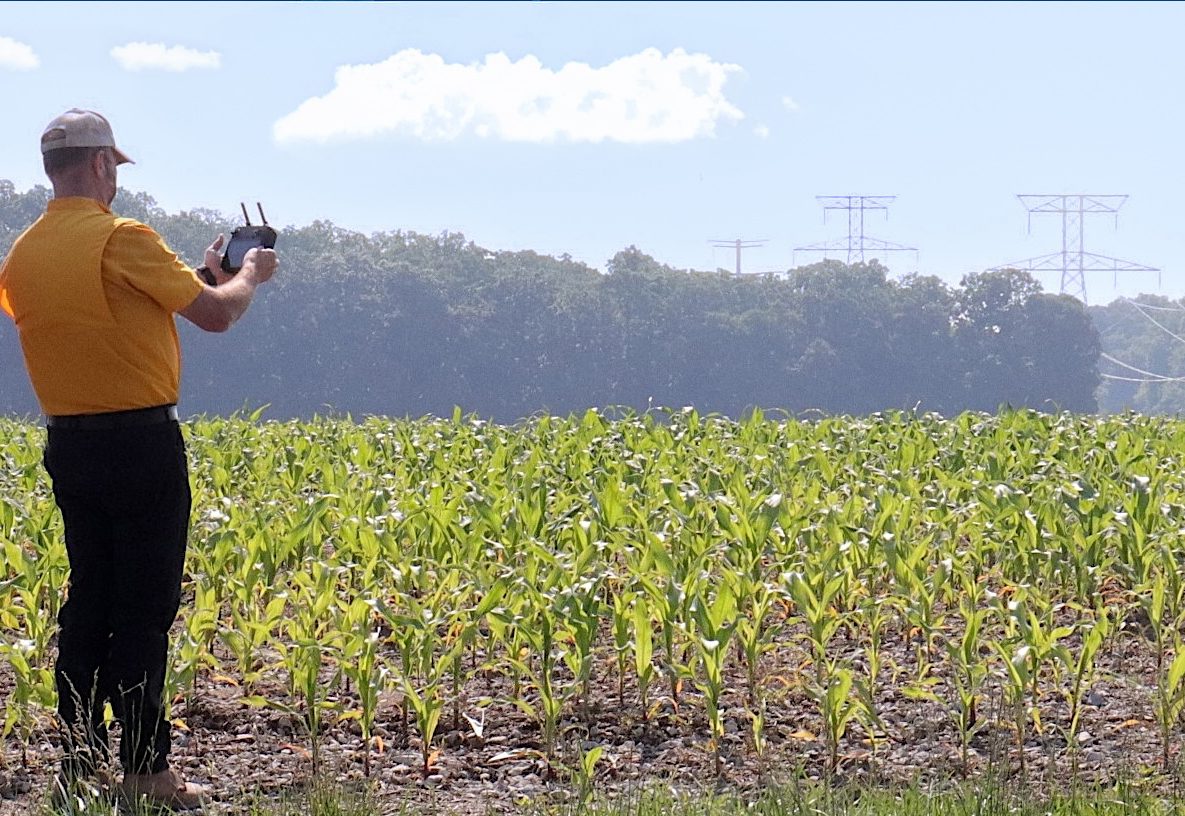 Rusty Lee, MU Extension field specialist in agricultural systems technology, used AI and drone technology last season to diagnose irregular corn stands caused by a malfunctioning toolbar on a producer’s anhydrous ammonia applicator. (Photo by Linda Geist)