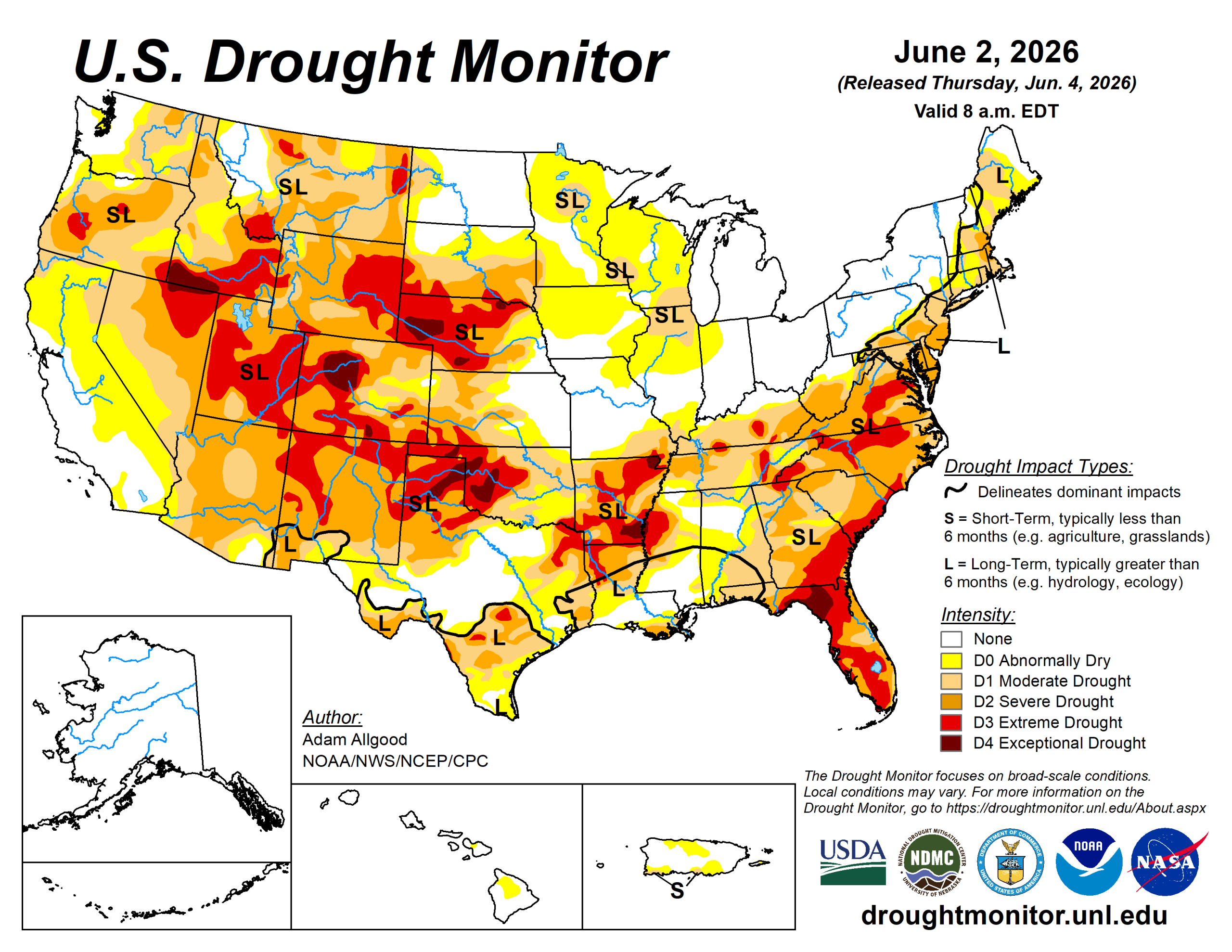 The U.S. Drought Monitor is jointly produced by the National Drought Mitigation Center at the University of Nebraska-Lincoln, the U.S. Department of Agriculture and the National Oceanic Atmospheric Administration. (Map courtesy of NDMC.)