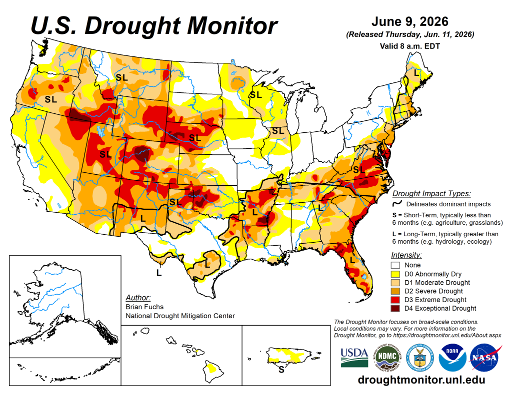 The U.S. Drought Monitor is jointly produced by the National Drought Mitigation Center at the University of Nebraska-Lincoln, the U.S. Department of Agriculture and the National Oceanic Atmospheric Administration. (Map courtesy of NDMC.)