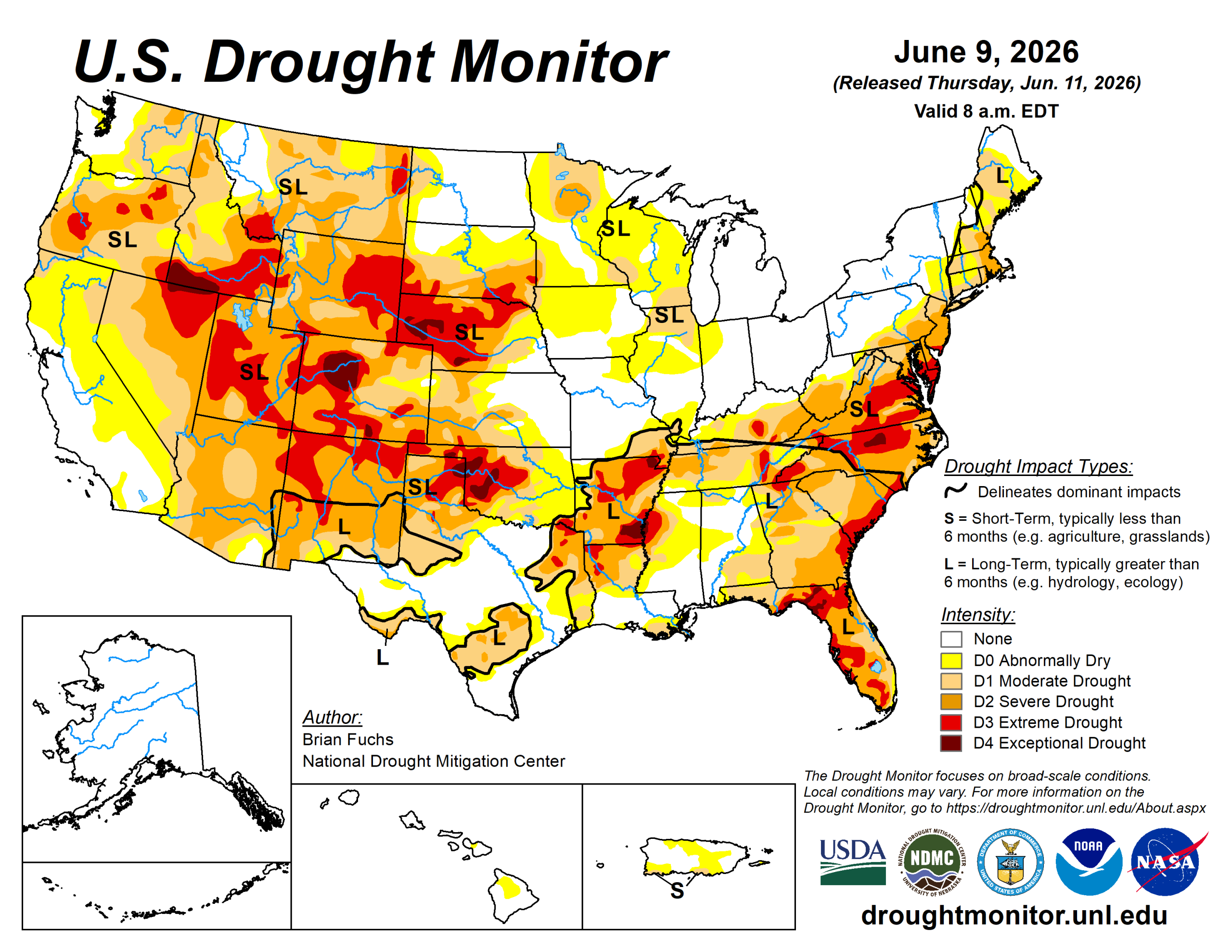 The U.S. Drought Monitor is jointly produced by the National Drought Mitigation Center at the University of Nebraska-Lincoln, the U.S. Department of Agriculture and the National Oceanic Atmospheric Administration. (Map courtesy of NDMC.)