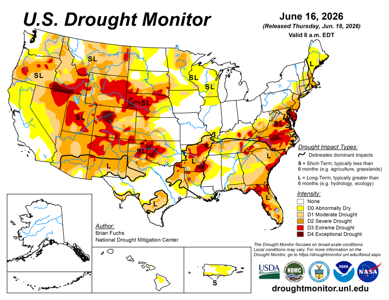 The U.S. Drought Monitor is jointly produced by the National Drought Mitigation Center at the University of Nebraska-Lincoln, the U.S. Department of Agriculture and the National Oceanic Atmospheric Administration. (Map courtesy of NDMC.)