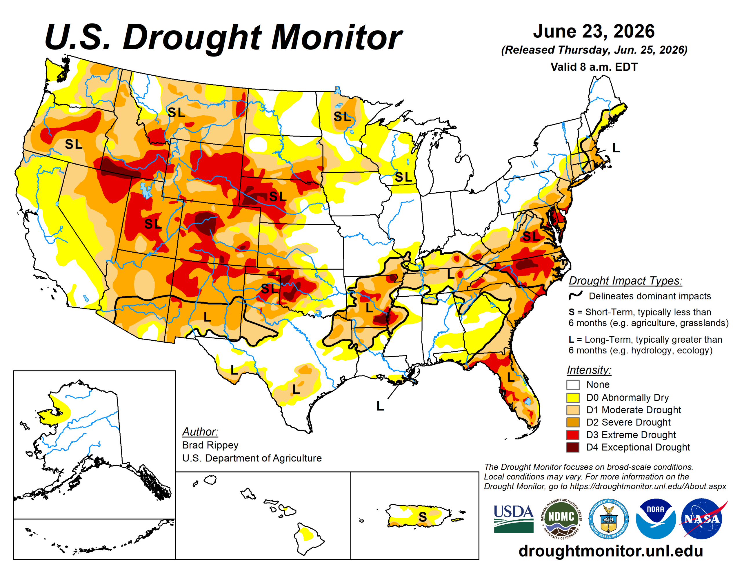 The U.S. Drought Monitor is jointly produced by the National Drought Mitigation Center at the University of Nebraska-Lincoln, the U.S. Department of Agriculture