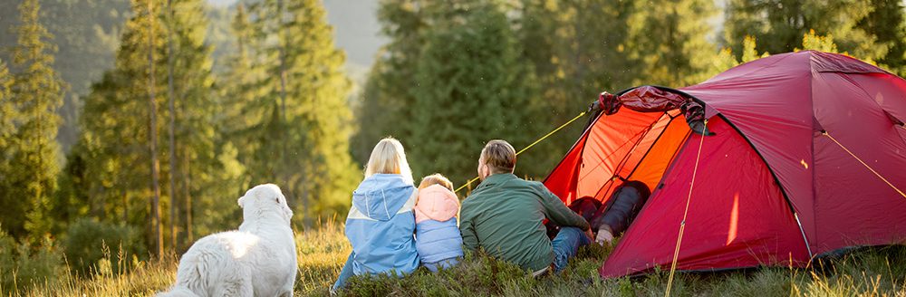 Family with a kid and dog enjoy great view on mountains while sit together at campsite near the tent. (Adobe Stock-#527219820 │ rh2010)