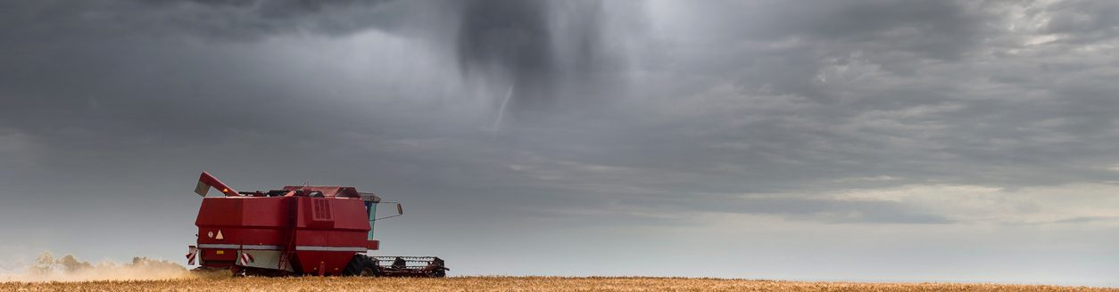 Combine harvester in action before the rain arrives. (iStock-#1162501496 │ DEBOVE SOPHIE)
