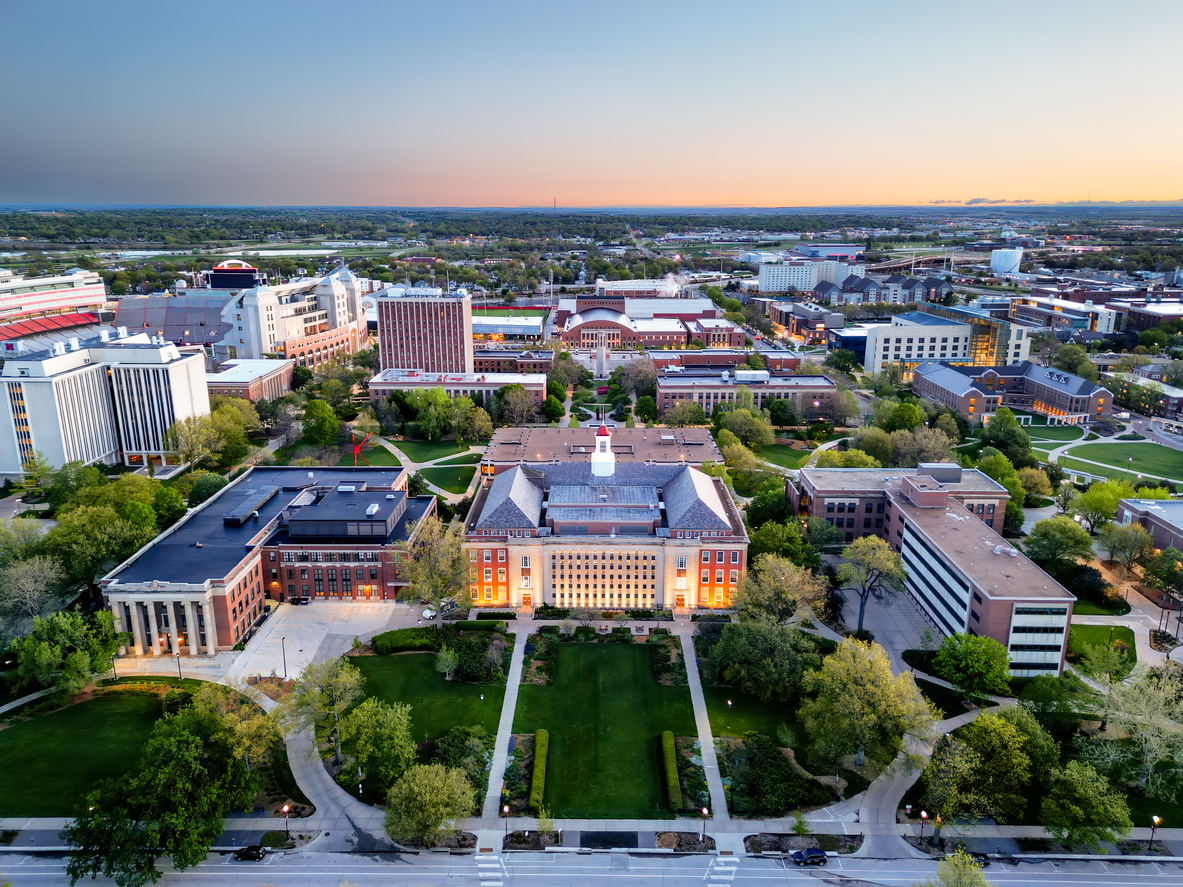 Overlooking University of Nebraska at twilight. (iStock-#2154288243 │ Sean Pavone)