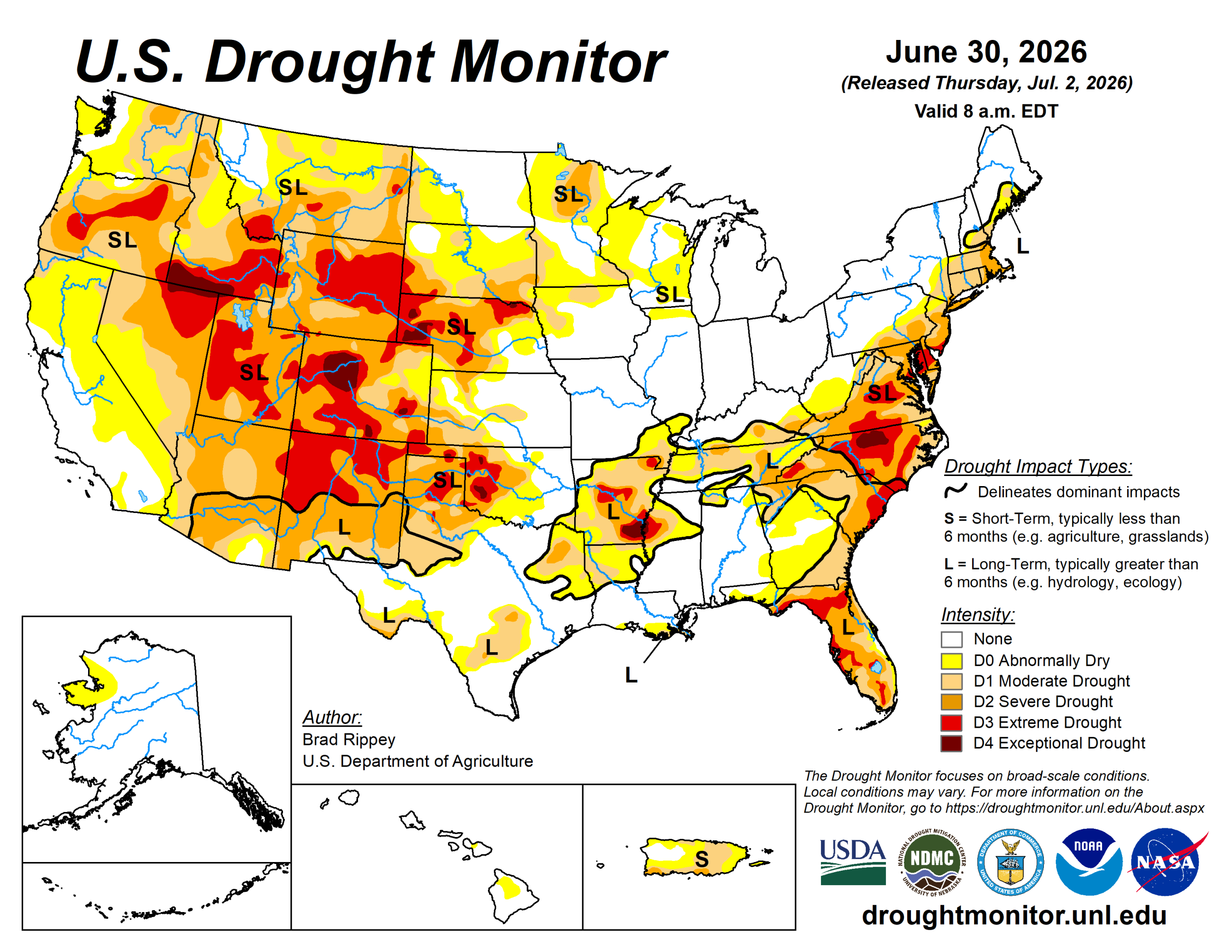 The U.S. Drought Monitor is jointly produced by the National Drought Mitigation Center at the University of Nebraska-Lincoln, the U.S. Department of Agriculture and the National Oceanic Atmospheric Administration. (Map courtesy of NDMC.)