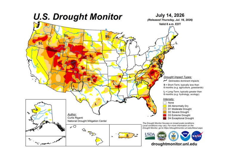 The U.S. Drought Monitor is jointly produced by the National Drought Mitigation Center at the University of Nebraska-Lincoln, the U.S. Department of Agriculture and the National Oceanic Atmospheric Administration. (Map courtesy of NDMC.)