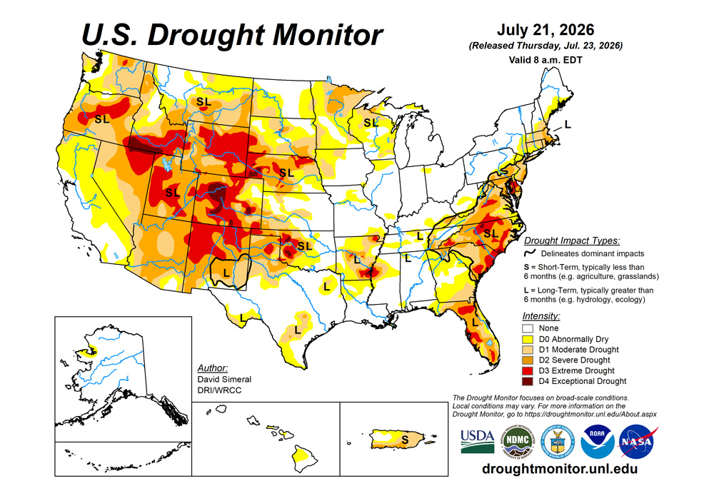 The U.S. Drought Monitor is jointly produced by the National Drought Mitigation Center at the University of Nebraska-Lincoln, the U.S. Department of Agriculture and the National Oceanic Atmospheric Administration. (Map courtesy of NDMC.)