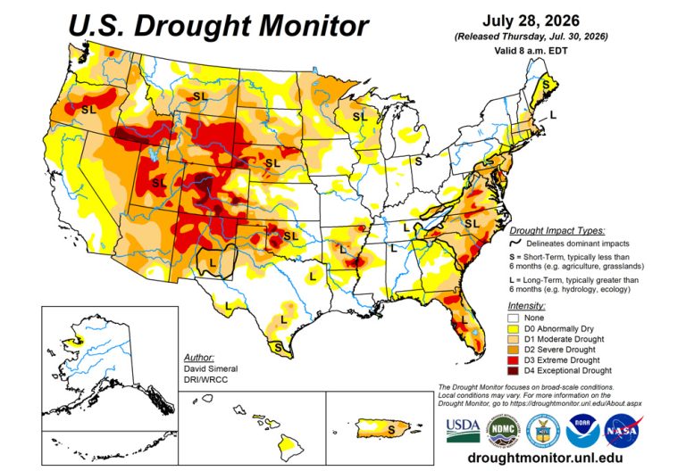 The U.S. Drought Monitor is jointly produced by the National Drought Mitigation Center at the University of Nebraska-Lincoln, the U.S. Department of Agriculture and the National Oceanic Atmospheric Administration. (Map courtesy of NDMC.)