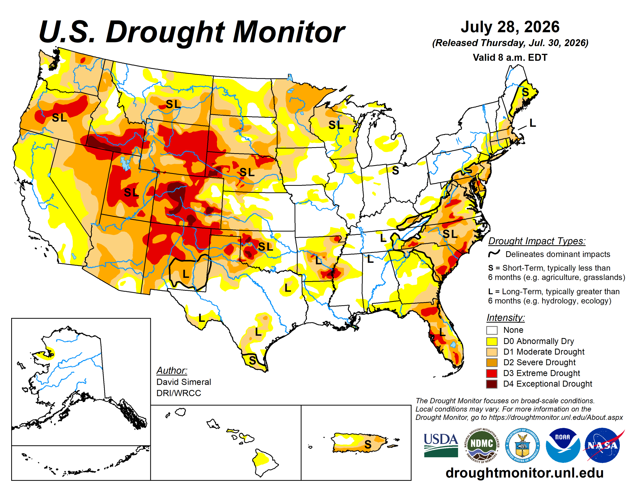 The U.S. Drought Monitor is jointly produced by the National Drought Mitigation Center at the University of Nebraska-Lincoln, the U.S. Department of Agriculture and the National Oceanic Atmospheric Administration. (Map courtesy of NDMC.)