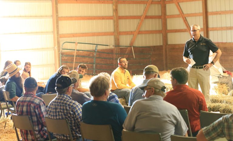CAFNR Vice Chancellor and Dean Christopher Daubert talks to attendees of the Thompson Research Center Field Day, which took place Sept. 24, 2025, in Spickard. (Photo by Logan Jackson, Courtesy of CAFNR.)