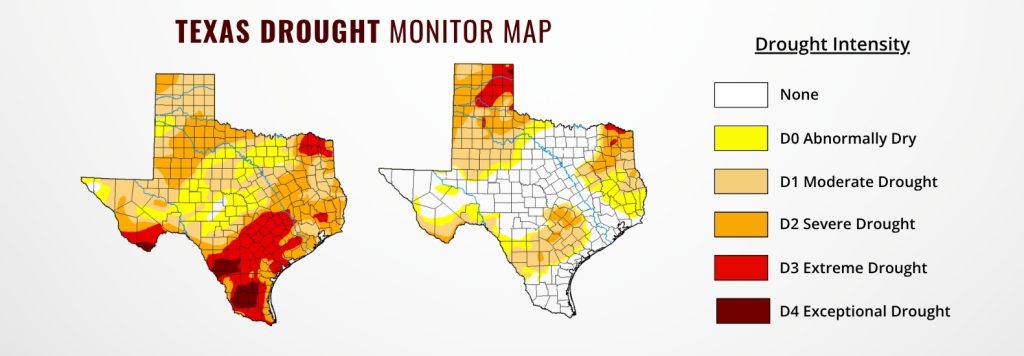 The Drought Monitor maps for March 24, 2026 and June 25 illustrate how rainfall has shifted drought conditions across the state. On March 24, 99% of the state was experiencing some level of drought and the June 25 map shows how conditions improved in most areas and worsened in others. (Source: U.S. Drought Monitor)