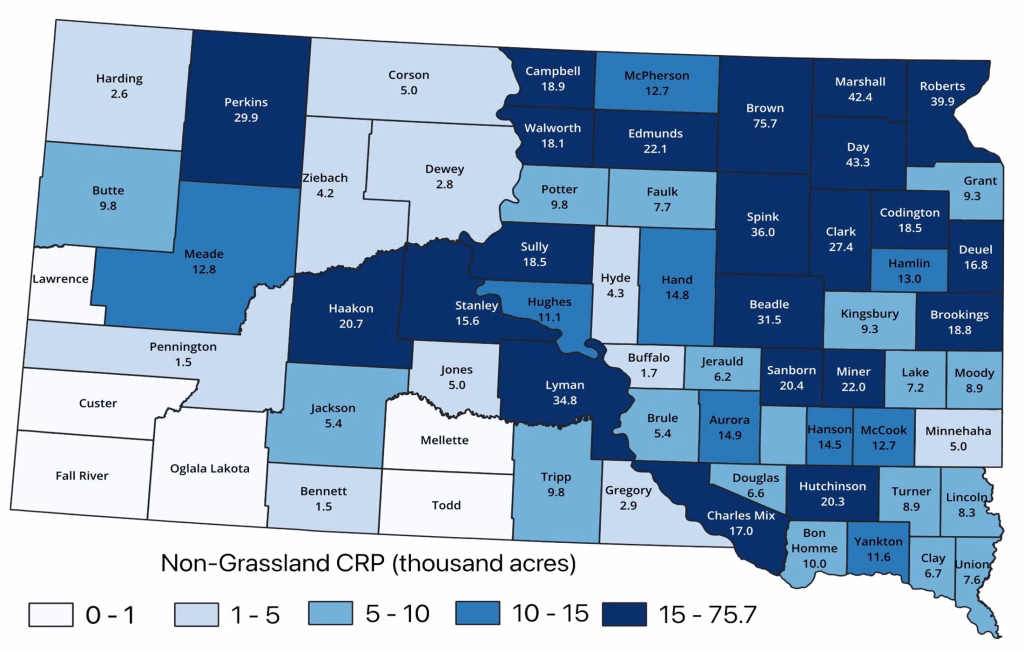 Figure 6. Non-grassland CRP enrollment in thousands of acres by county, as of September 2025.