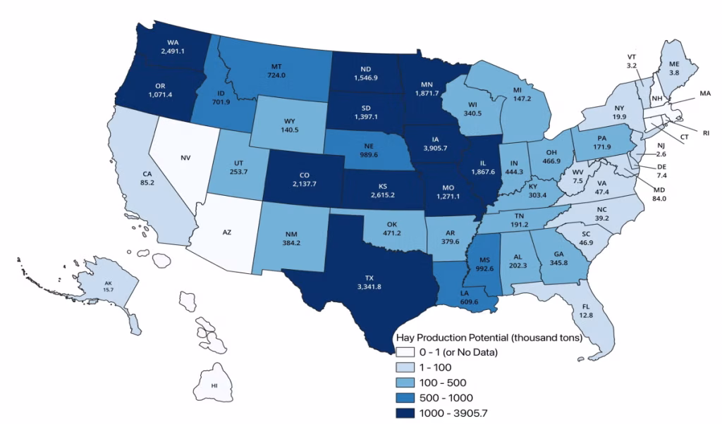 Figure 8. Hay production potential from non-grassland CRP enrollment. State-level production (thousand tons) is calculated by multiplying the 10-year average other hay yield (2015–2025) by non-grassland CRP acreage enrollment acres for September 2025.
