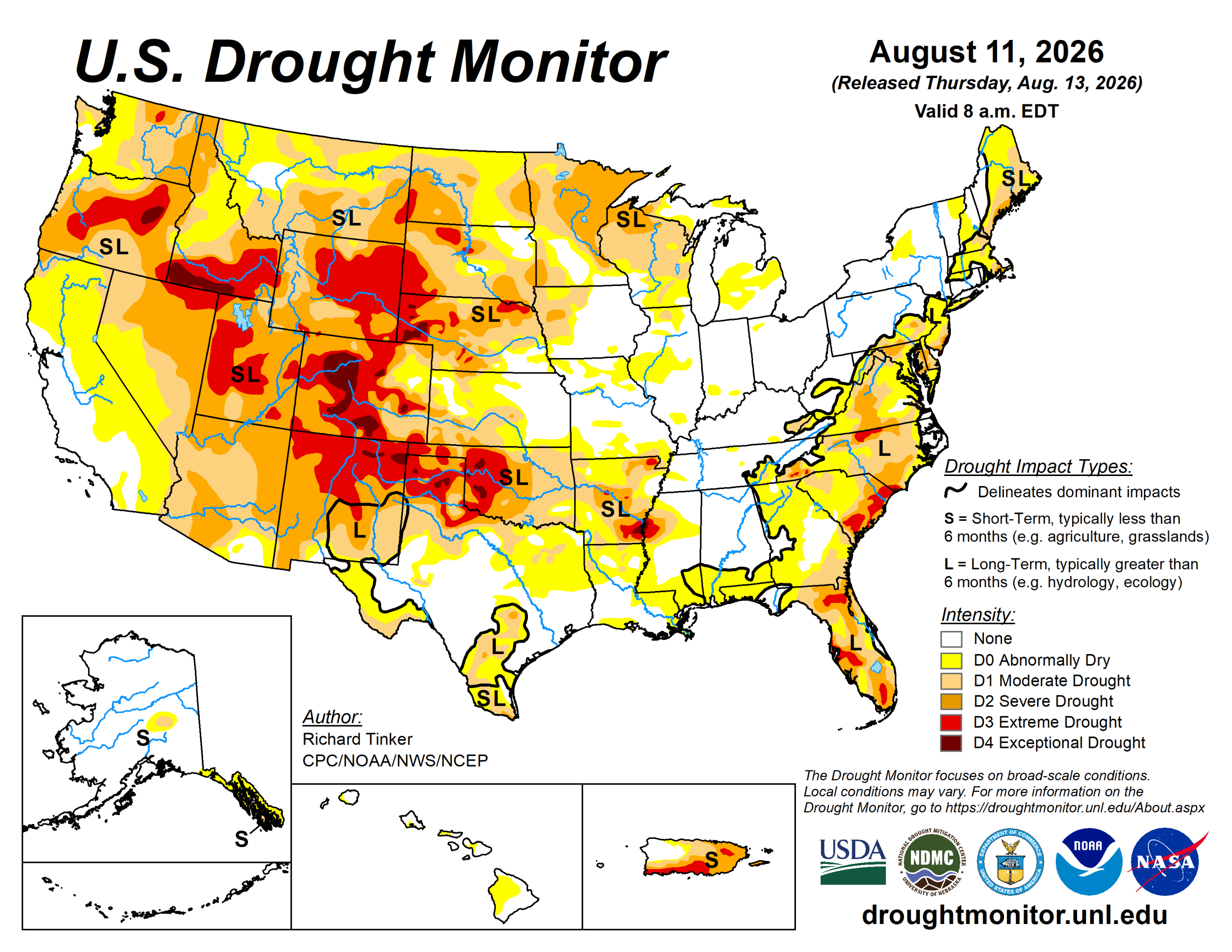 The U.S. Drought Monitor is jointly produced by the National Drought Mitigation Center at the University of Nebraska-Lincoln, the U.S. Department of Agriculture and the National Oceanic Atmospheric Administration. (Map courtesy of NDMC.)