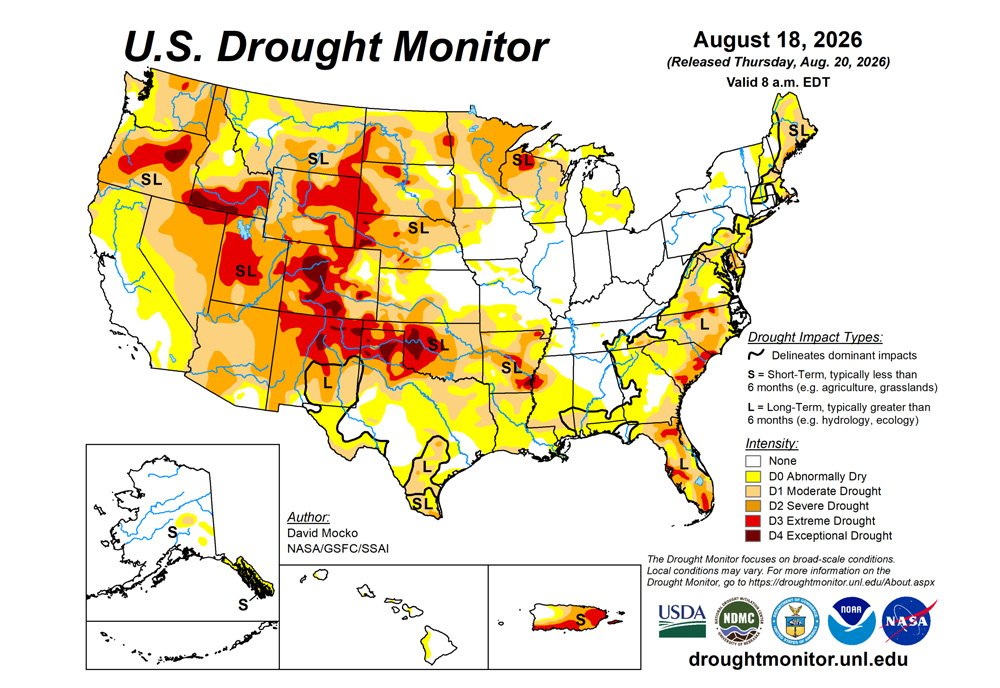 The U.S. Drought Monitor is jointly produced by the National Drought Mitigation Center at the University of Nebraska-Lincoln, the U.S. Department of Agriculture and the National Oceanic Atmospheric Administration. (Map courtesy of NDMC.)