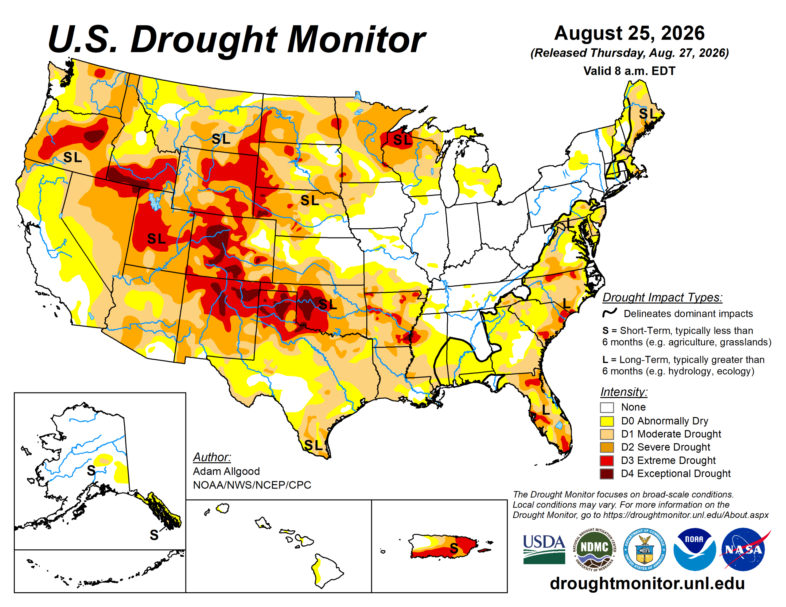 The U.S. Drought Monitor is jointly produced by the National Drought Mitigation Center at the University of Nebraska-Lincoln, the U.S. Department of Agriculture and the National Oceanic Atmospheric Administration. (Map courtesy of NDMC.)
