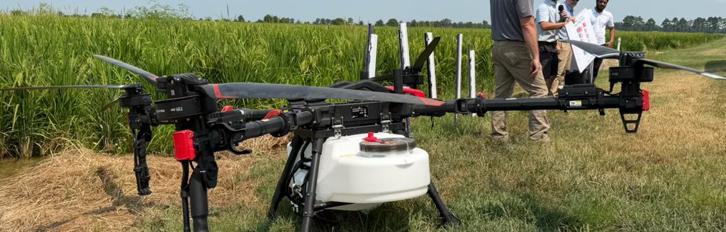 SPRAY DRONE — Research by Jason Davis and Terry Spurlock with the University of Arkansas Division of Agriculture seeks to identify optimum flight speeds, application heights and setups for agricultural spray drones. (UADA photo)