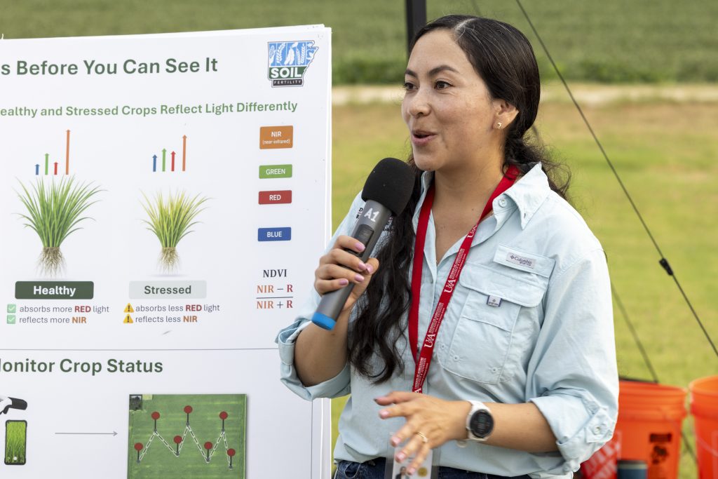 SENSOR TECH — Ana Morales-Ona Smith, an assistant professor in the department of crop, soil and environmental sciences, began looking into crop sensing tools to address logistical challenges during narrow fertilizer application windows. (UADA photo)
