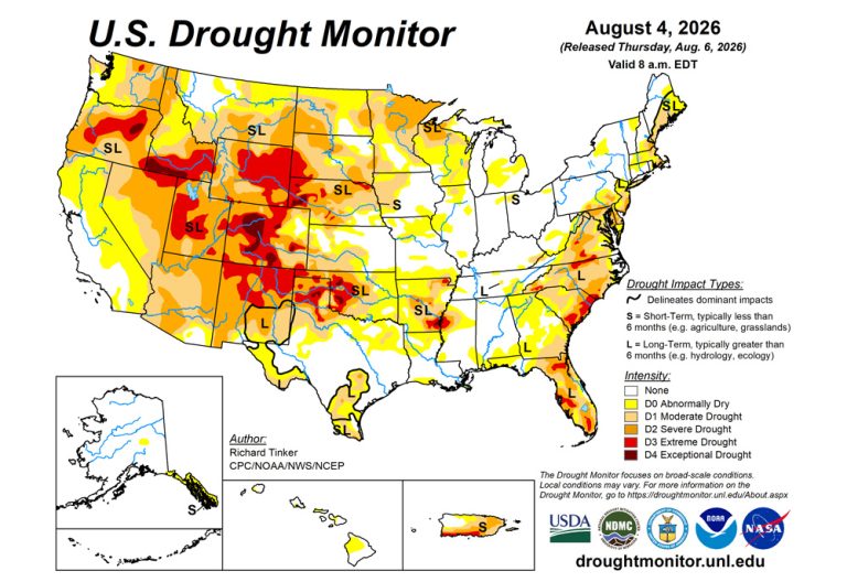 Drought Monitor map - August 6, 2026
