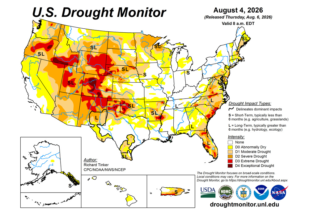 Drought Monitor map - August 6, 2026