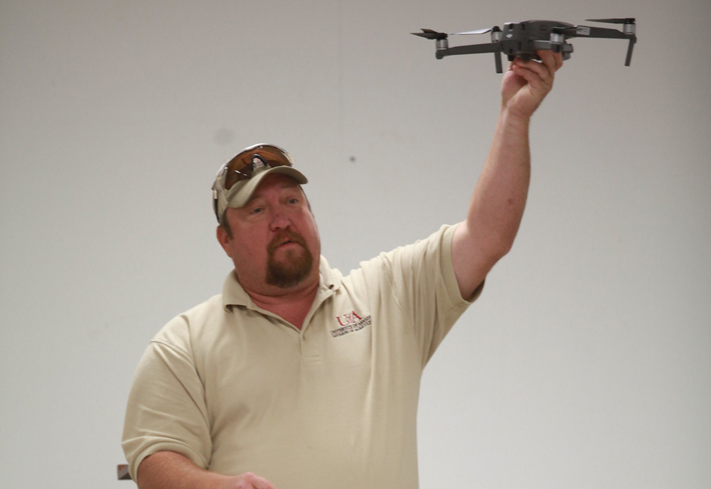 Mike Hamilton, extension irrigation instructor, is working to increase the adoption of unmanned aerial systems, or drones, in pursuit of more efficient irrigation and cost savings for farmers. (UADA photo)