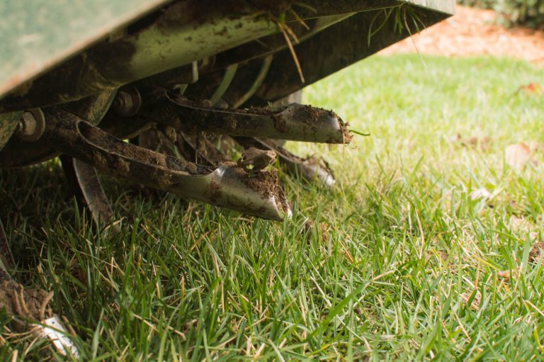 Tines from Ride On Aerator that Aerate the Grass for Lawn Care Services. (iStock-#1293930244 │ Sherry Barr Photography)