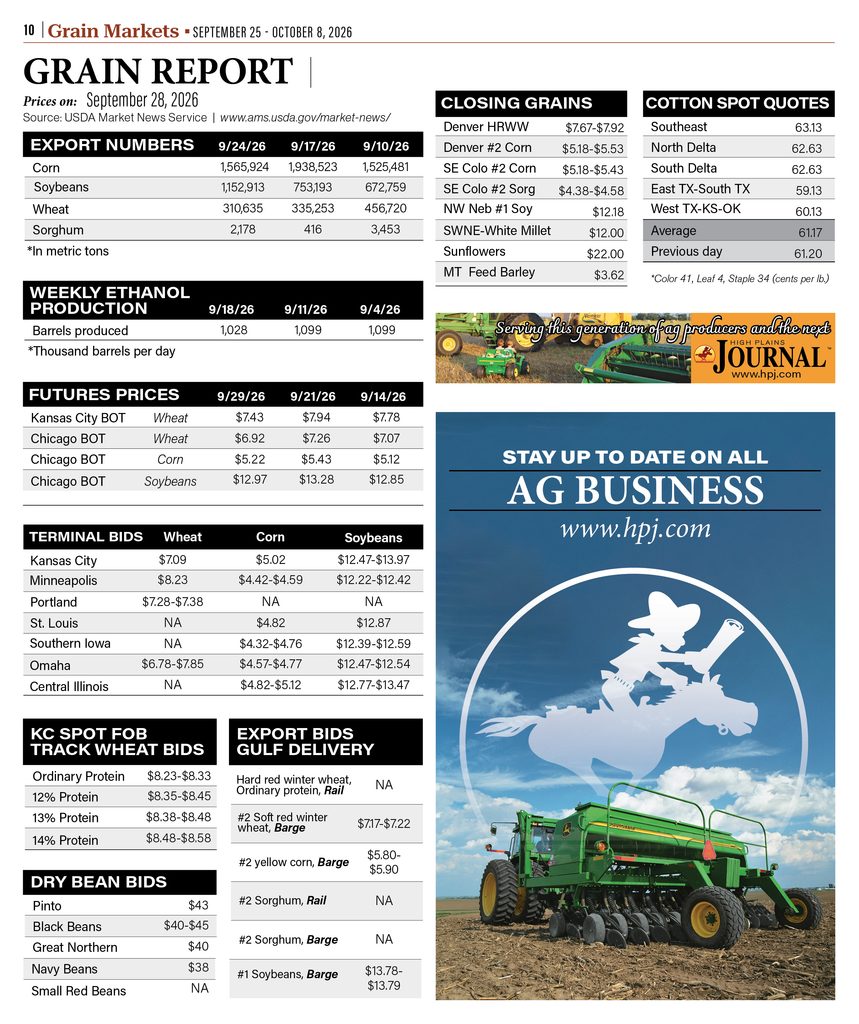High Plains grain market report with current prices, futures, exports and grain bids