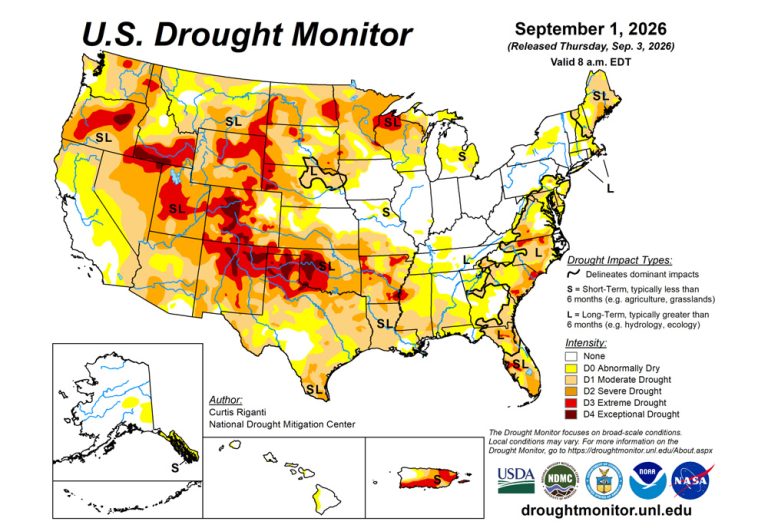 The U.S. Drought Monitor is jointly produced by the National Drought Mitigation Center at the University of Nebraska-Lincoln, the U.S. Department of Agriculture and the National Oceanic Atmospheric Administration. (Map courtesy of NDMC.)
