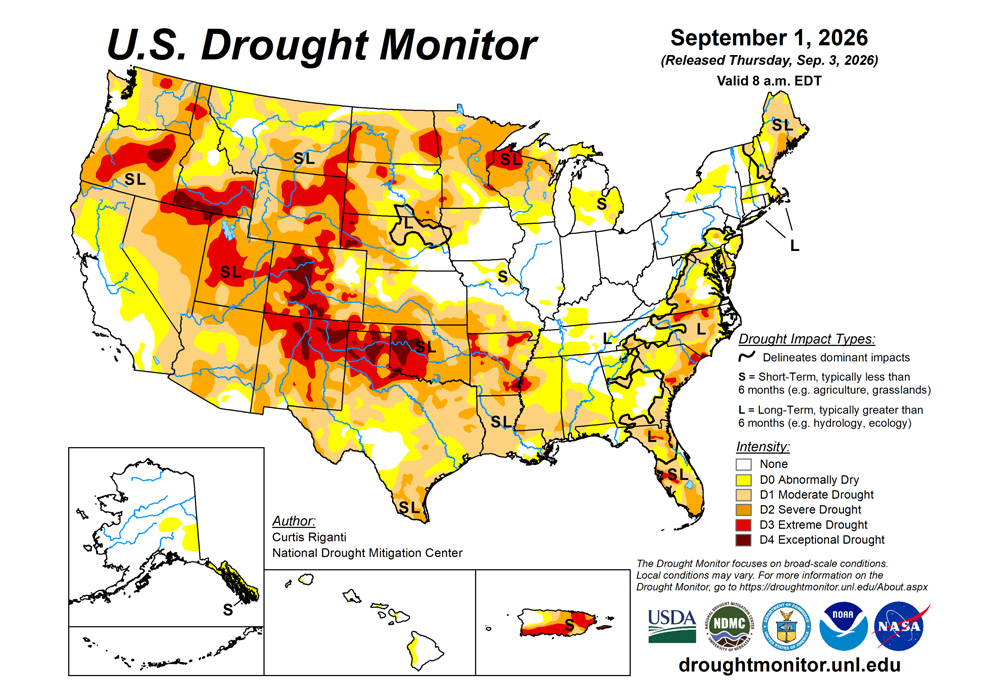 The U.S. Drought Monitor is jointly produced by the National Drought Mitigation Center at the University of Nebraska-Lincoln, the U.S. Department of Agriculture and the National Oceanic Atmospheric Administration. (Map courtesy of NDMC.)