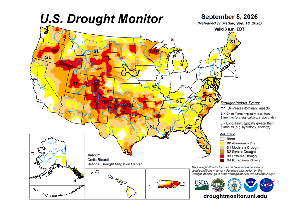 The U.S. Drought Monitor is jointly produced by the National Drought Mitigation Center at the University of Nebraska-Lincoln, the U.S. Department of Agriculture and the National Oceanic Atmospheric Administration. (Map courtesy of NDMC.)
