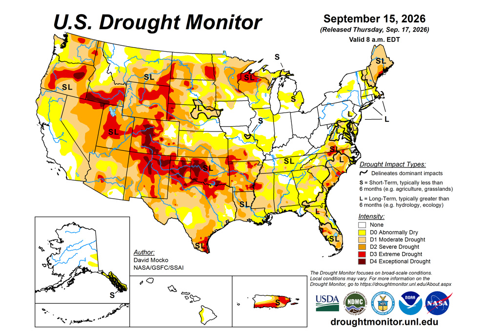 The U.S. Drought Monitor is jointly produced by the National Drought Mitigation Center at the University of Nebraska-Lincoln, the U.S. Department of Agriculture and the National Oceanic Atmospheric Administration. (Map courtesy of NDMC.)