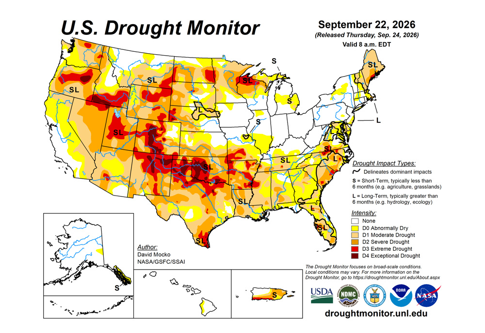 The U.S. Drought Monitor is jointly produced by the National Drought Mitigation Center at the University of Nebraska-Lincoln, the U.S. Department of Agriculture and the National Oceanic Atmospheric Administration. (Map courtesy of NDMC.)