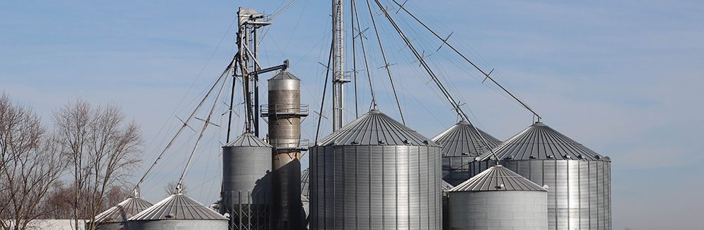 Grain silos in the field with a blue sky background along with a grain drier. (Adobe Stock-#311625476 │ Lost Shoe Studios)