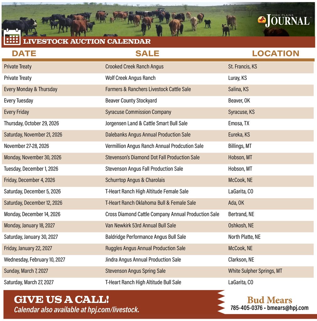 October 2026 livestock auctions and agricultural events calendar featuring cattle sales, land auctions, dates and locations across the High Plains.
