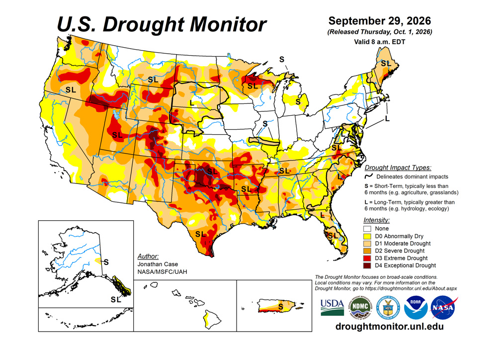 The U.S. Drought Monitor is jointly produced by the National Drought Mitigation Center at the University of Nebraska-Lincoln, the U.S. Department of Agriculture and the National Oceanic Atmospheric Administration. (Map courtesy of NDMC.)