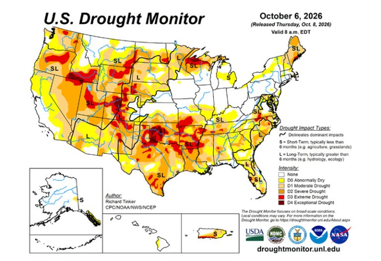 The U.S. Drought Monitor is jointly produced by the National Drought Mitigation Center at the University of Nebraska-Lincoln, the U.S. Department of Agriculture and the National Oceanic Atmospheric Administration. (Map courtesy of NDMC.)