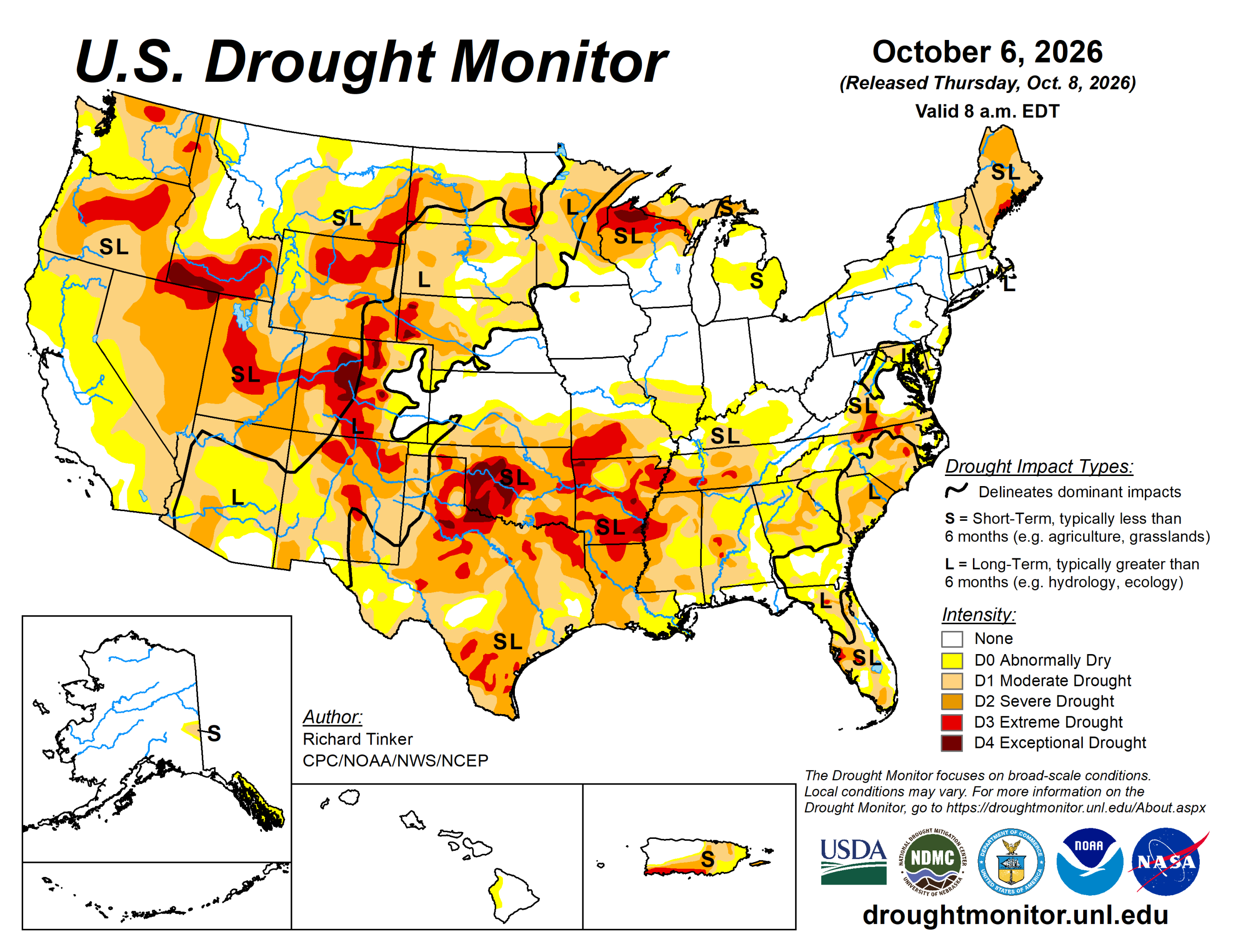 The U.S. Drought Monitor is jointly produced by the National Drought Mitigation Center at the University of Nebraska-Lincoln, the U.S. Department of Agriculture and the National Oceanic Atmospheric Administration. (Map courtesy of NDMC.)