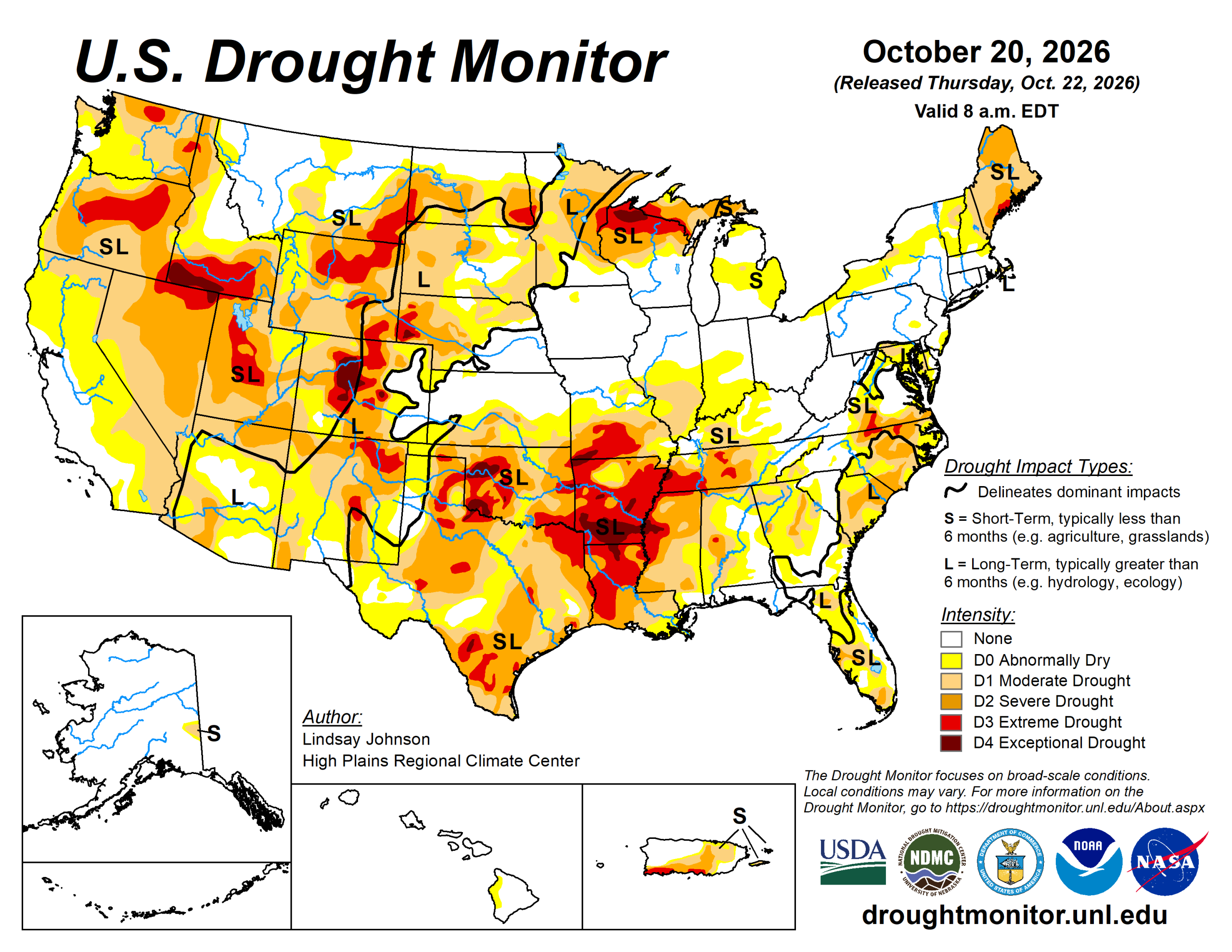 The U.S. Drought Monitor is jointly produced by the National Drought Mitigation Center at the University of Nebraska-Lincoln, the U.S. Department of Agriculture and the National Oceanic Atmospheric Administration. (Map courtesy of NDMC.)