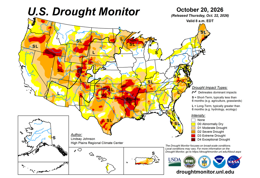 The U.S. Drought Monitor is jointly produced by the National Drought Mitigation Center at the University of Nebraska-Lincoln, the U.S. Department of Agriculture and the National Oceanic Atmospheric Administration. (Map courtesy of NDMC.)