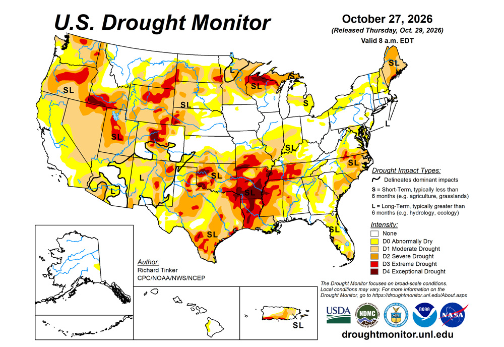 The U.S. Drought Monitor is jointly produced by the National Drought Mitigation Center at the University of Nebraska-Lincoln, the U.S. Department of Agriculture and the National Oceanic Atmospheric Administration. (Map courtesy of NDMC.)